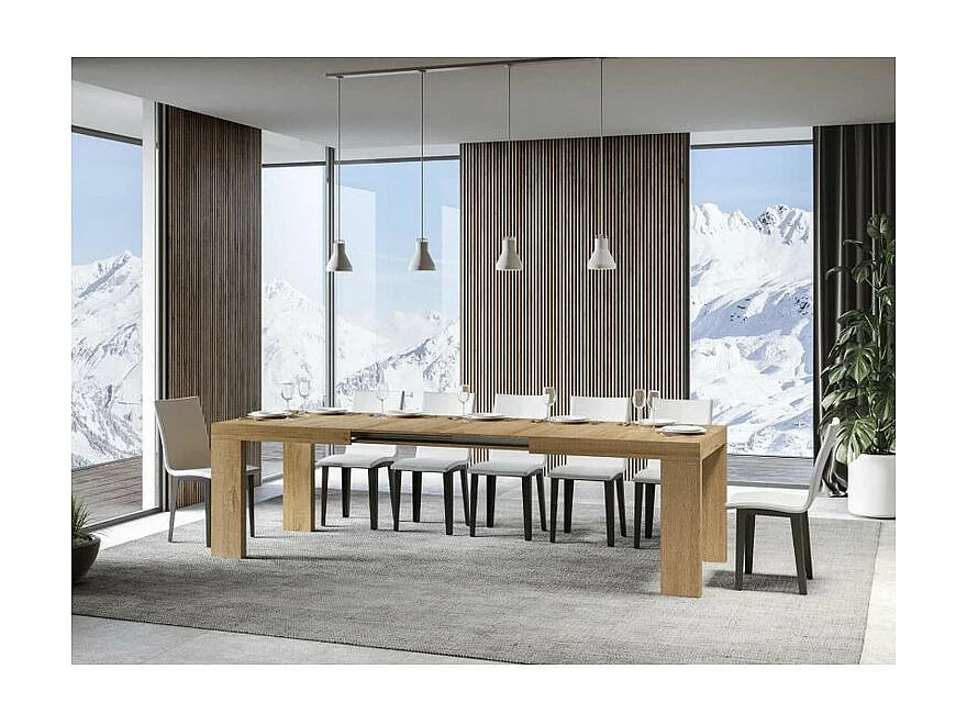 Table à manger extensible bois Ribo-Couleur Naturel-4 pieds-2 rallonges fines-160 à 264cm