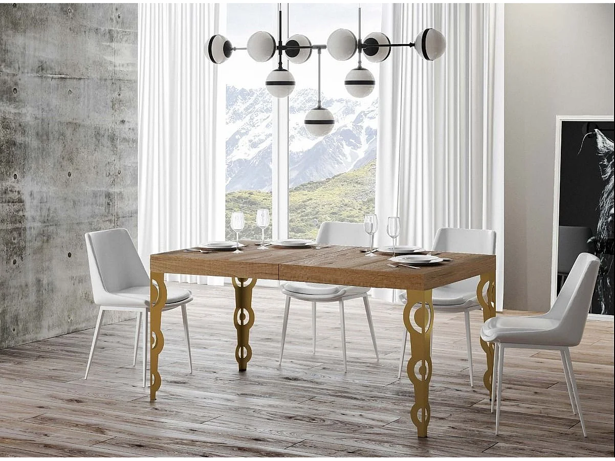 Table rectangulaire extensible orientale 6 à 10 personnes L 160 à 264cm bois clair et métal doré Kazay