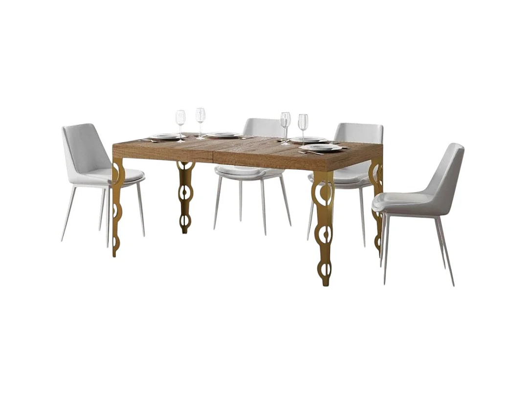 Oosterse uitschuifbare rechthoekige tafel voor 6 tot 10 personen L 160 tot 264 cm licht hout en goud metaal Kazay