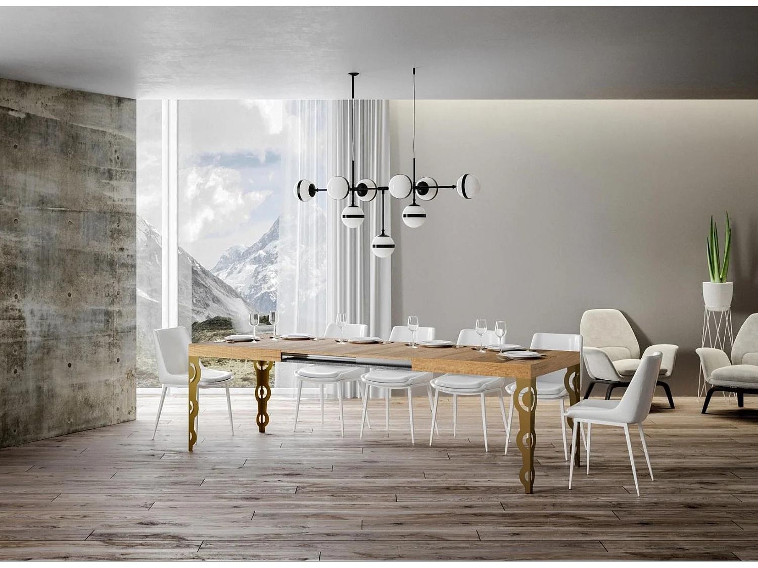 Table rectangulaire extensible orientale 6 à 10 personnes L 160 à 264cm bois clair et métal doré Kazay