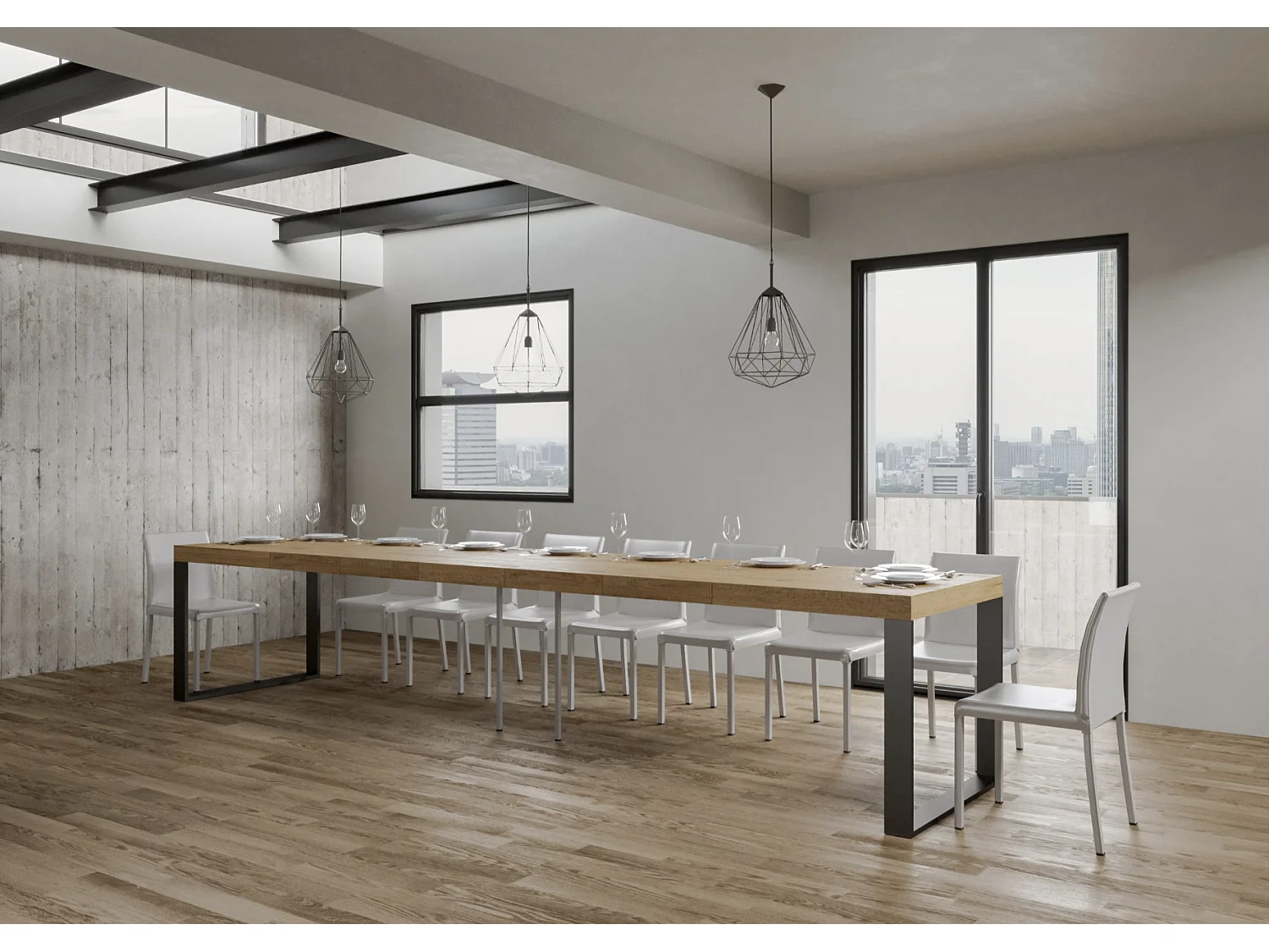 Mesa de comedor extensible tiroz-Color Natural-Soporte 4 pies-5 alargaderas gruesas-Ancho extensible