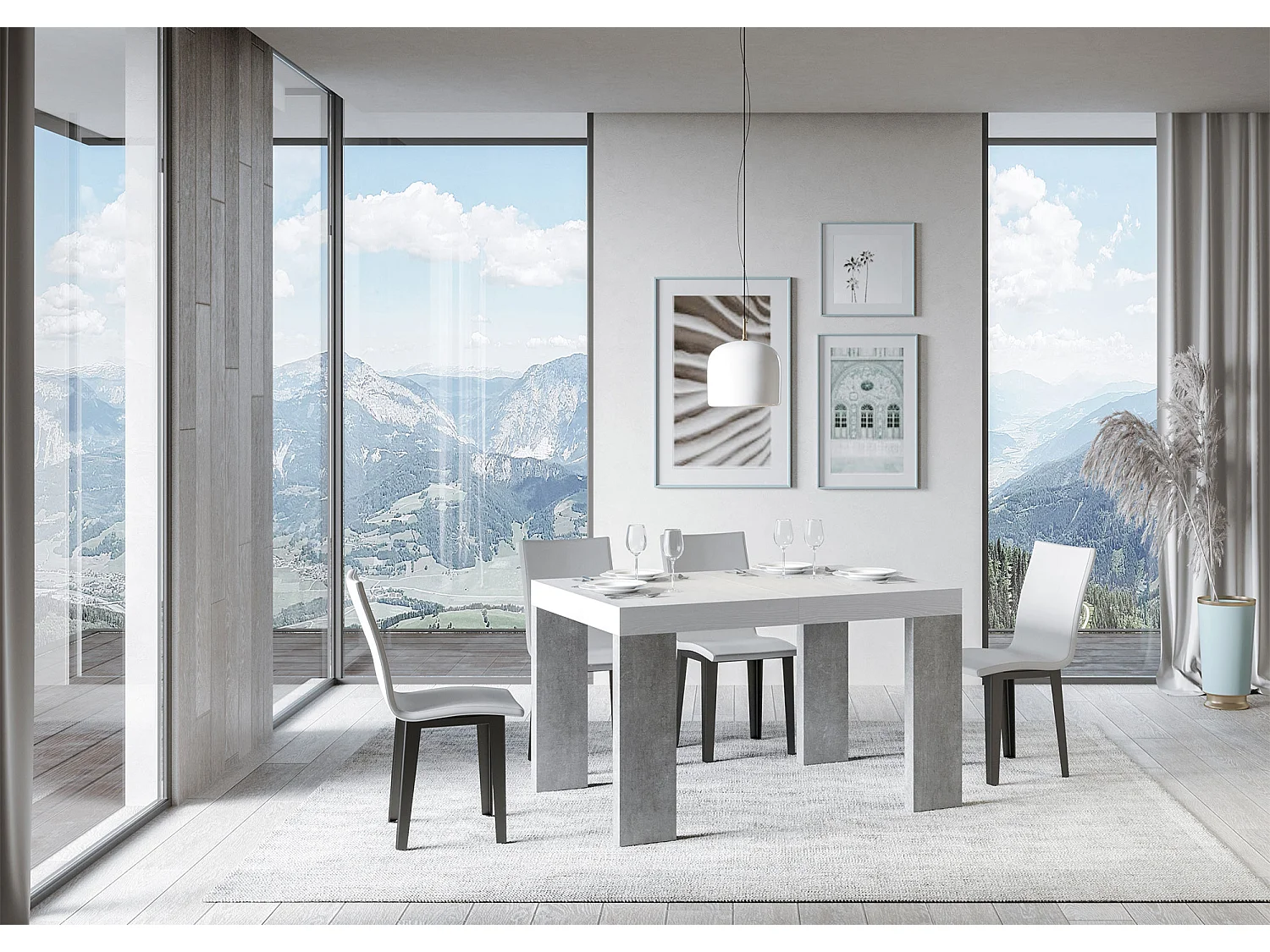 Table rectangulaire extensible blanche et gris béton 130 à 234cm Ribo-Sur roulettes