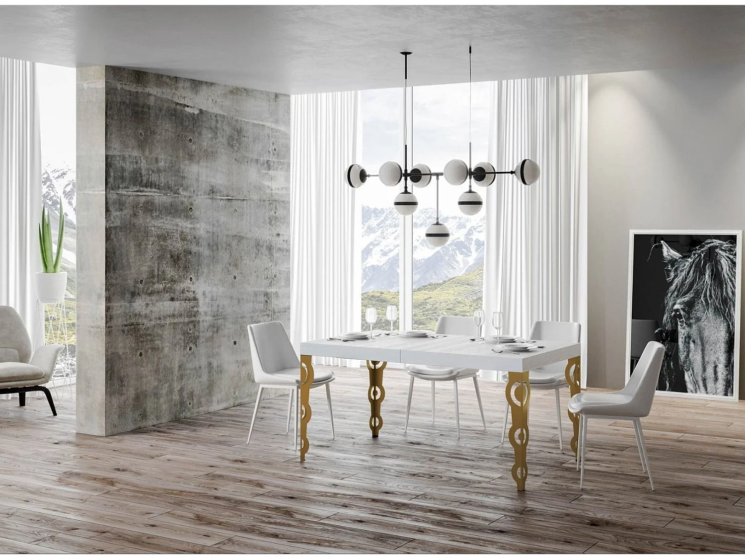 Table rectangulaire extensible orientale 6 à 10 personnes L 130 à 234cm frêne blanc et pieds métal doré Kazay