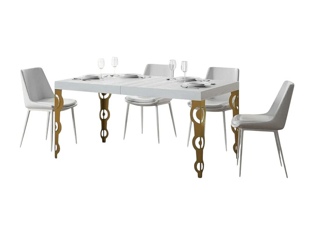 Table rectangulaire extensible orientale 6 à 10 personnes L 130 à 234cm frêne blanc et pieds métal doré Kazay