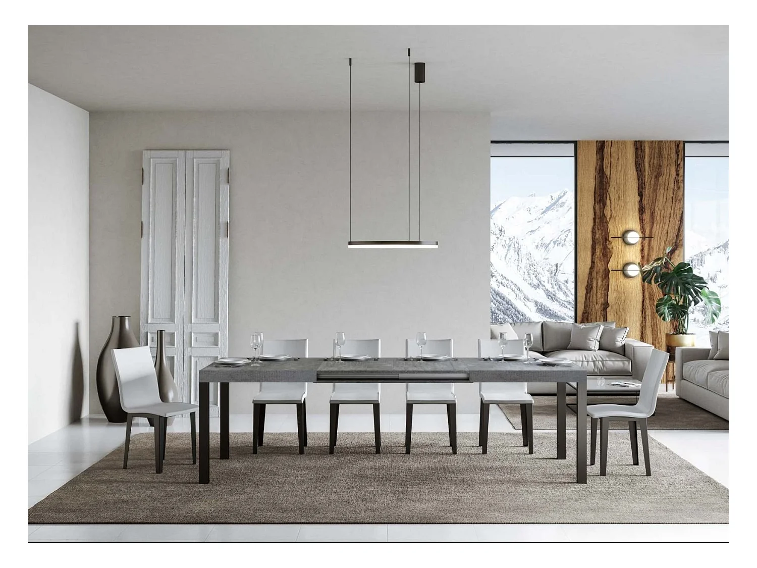 Table à manger extensible Karry evolution-Couleur Gris ciment-2 pieds-120 à 380cm