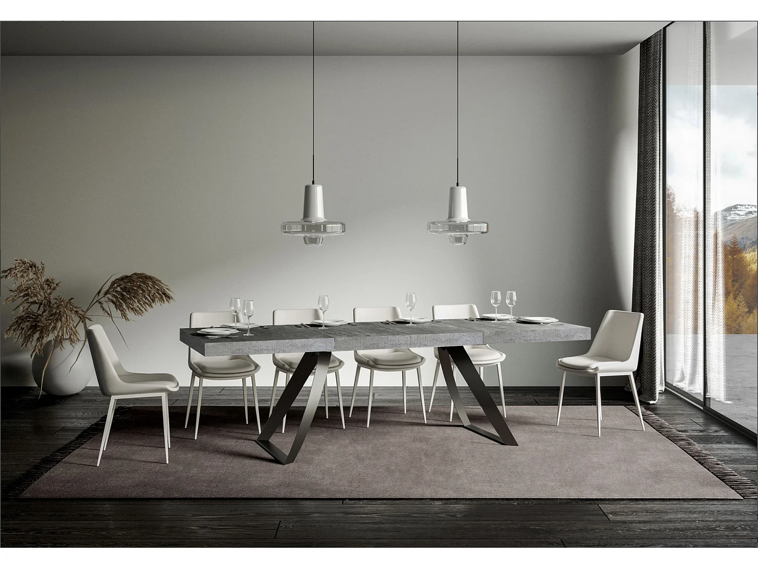 Table extensible pieds acier anthracite incurvés Volta-Couleur Naturel-2 rallonges fines-180 à 284cm