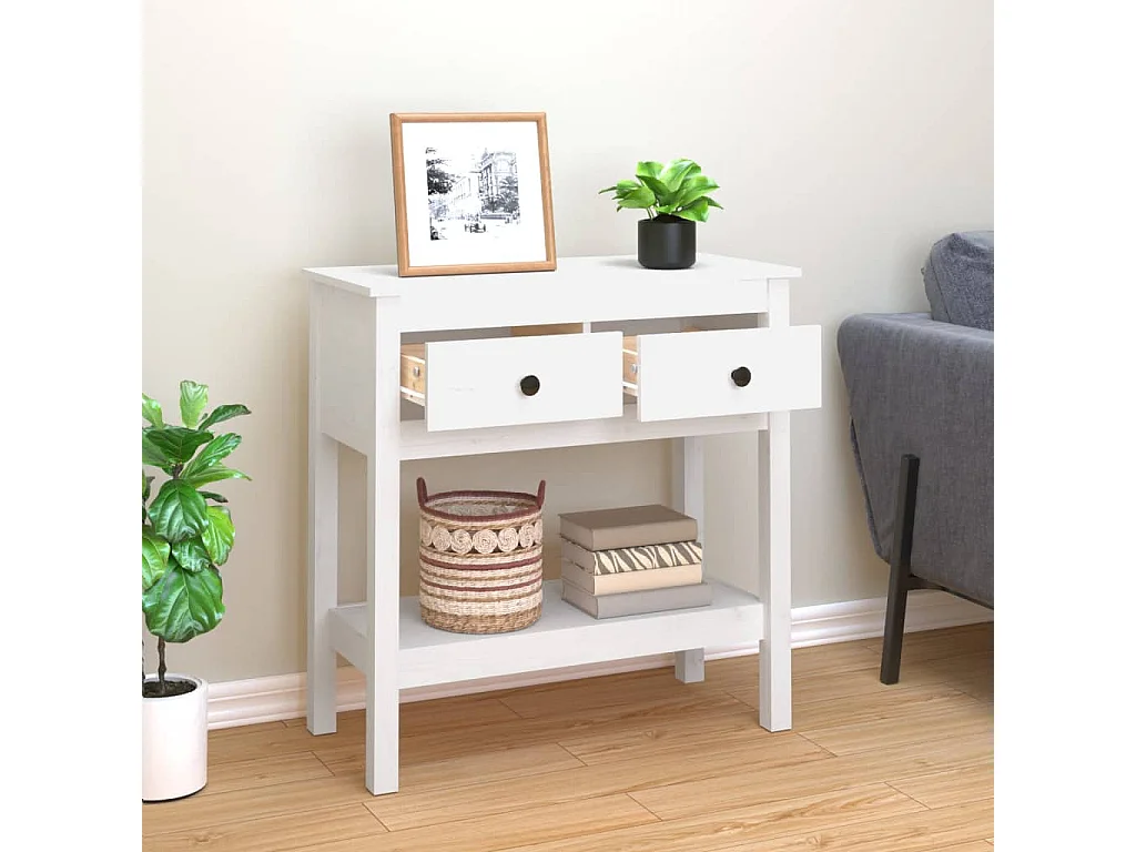 Table console Blanc 75x35x75 Bois massif de pin