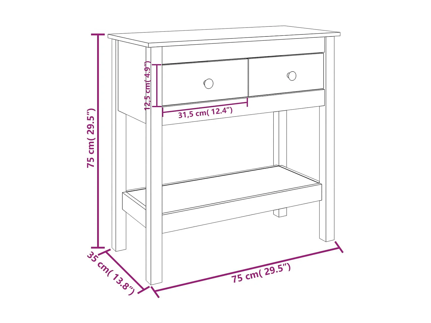 Table console Blanc 75x35x75 Bois massif de pin
