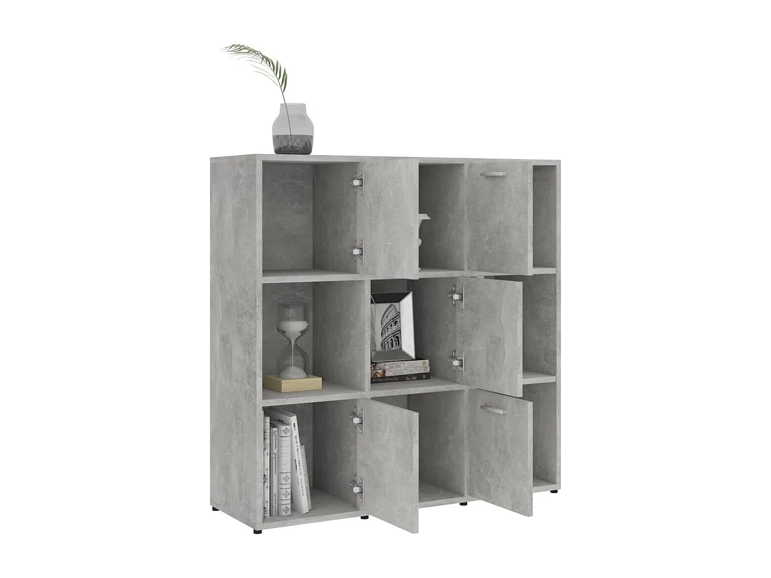 Bibliothèque étagère en bois Lozka 98cm - 4 niches 5 portes-Gris béton
