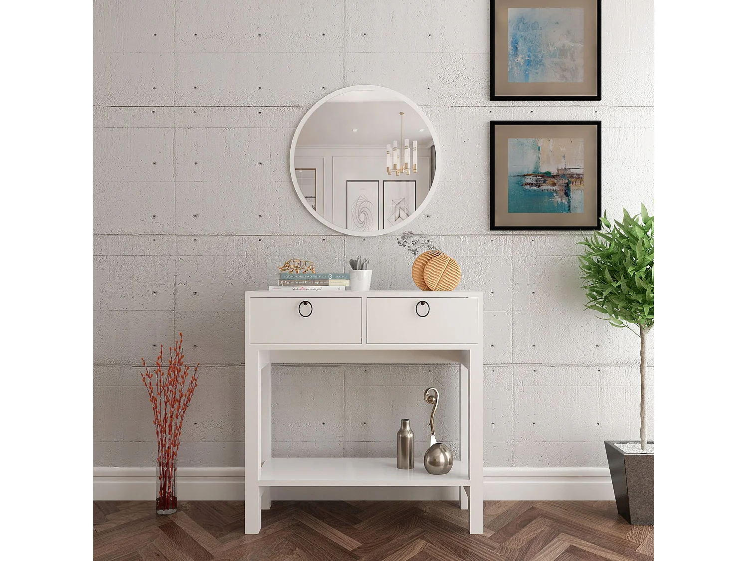 Console fixe bois blanc 2 tiroirs et pieds métal blanc Melya 90cm
