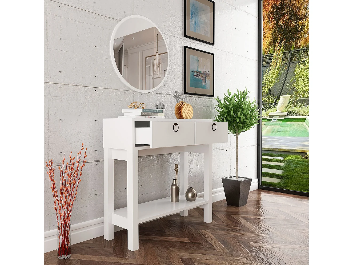 Console fixe bois blanc 2 tiroirs et pieds métal blanc Melya 90cm