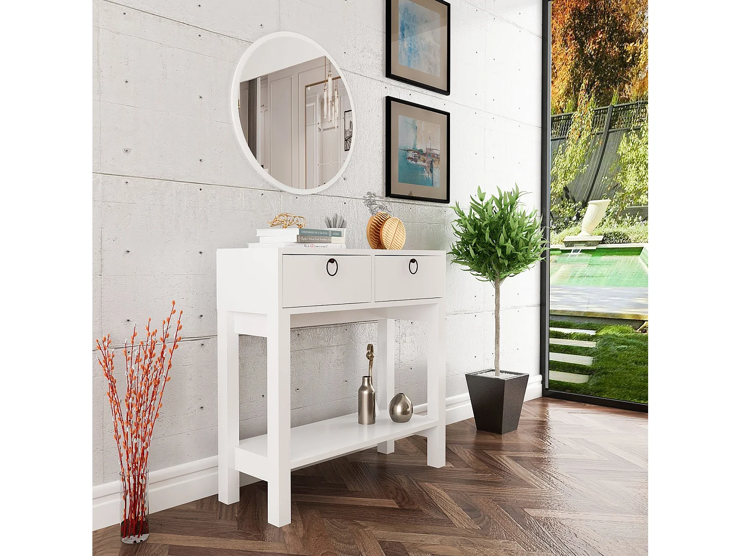 Console fixe bois blanc 2 tiroirs et pieds métal blanc Melya 90cm