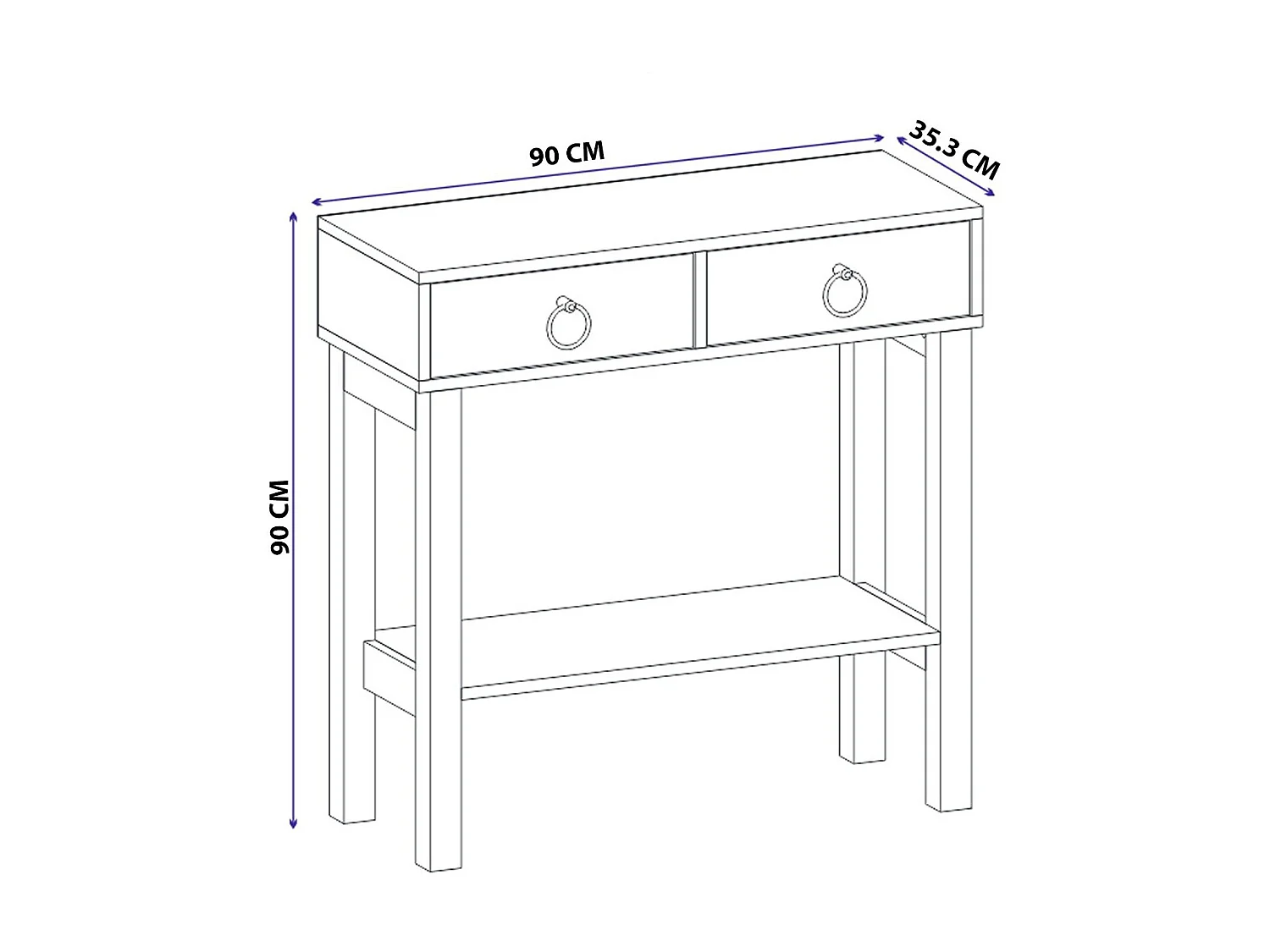 Console fixe bois blanc 2 tiroirs et pieds métal blanc Melya 90cm