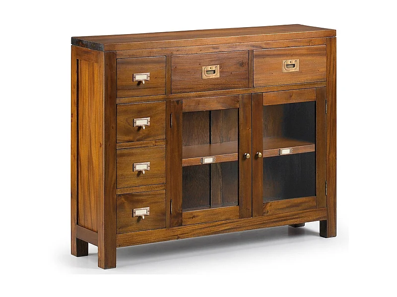 Console coloniale en bois d'acajou massif 6 tiroirs 2 portes Falkane 100cm