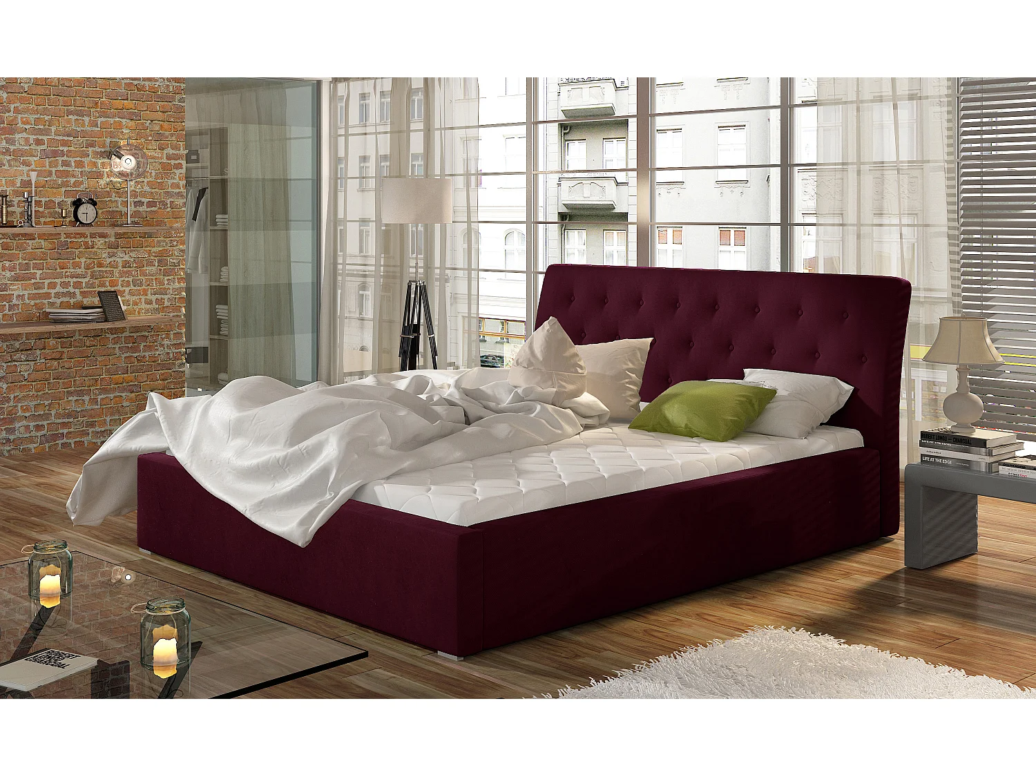 Lit velours capitonné Venizia-Couleur Magenta foncé-180x200-Version avec sommier