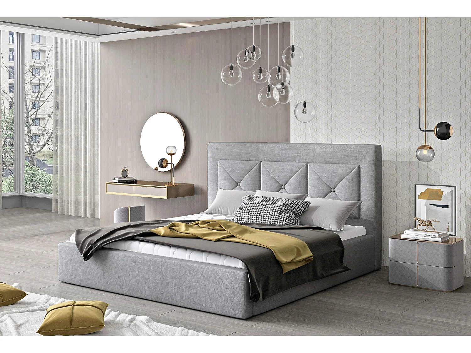 Tweepersoonsbed bekleed met Clarin-stof-Kleur Lichtgrijs-Slapen 180x200cm-Versie met boxspring