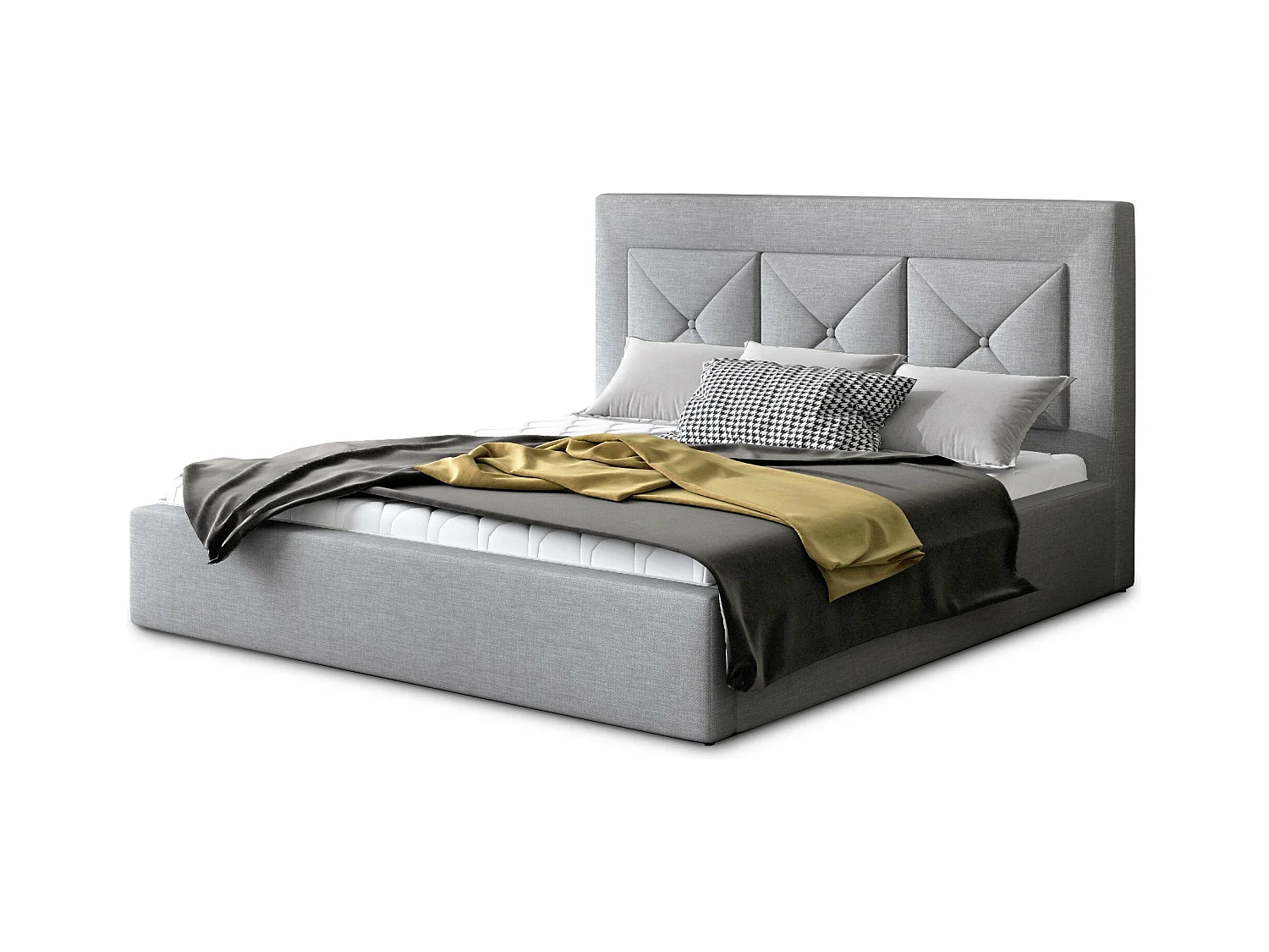 Lit double rembourré en tissu Clarin-Couleur Gris clair-180x200-Version avec sommier