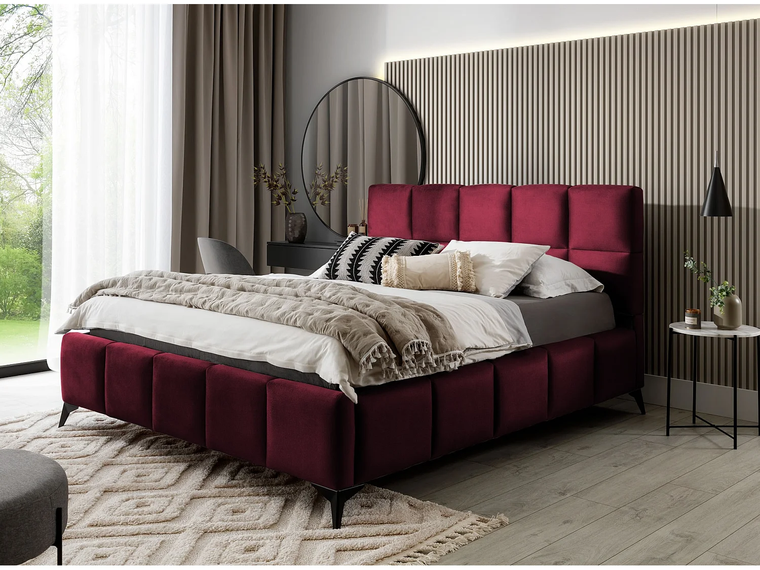 Lit coffre de luxe velours capitonné Mister-Couleur Bordeaux-140x200