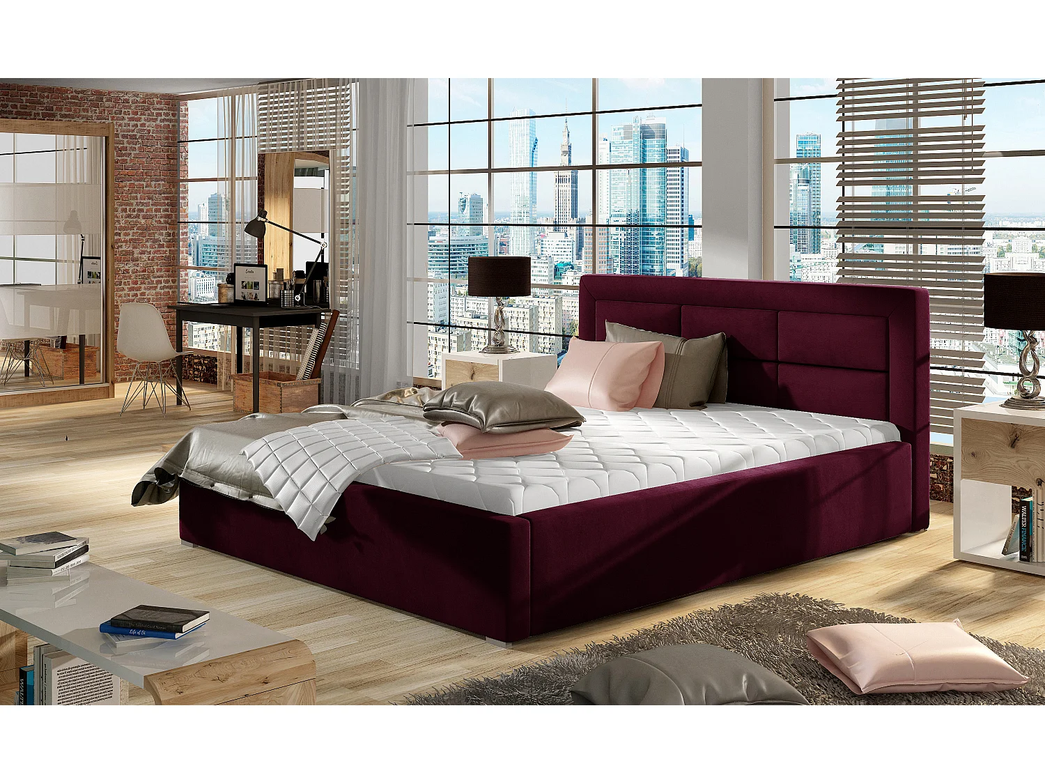 Lit moderne velours capitonné Rizaro-Couleur Magenta foncé-200x200-Version avec sommier