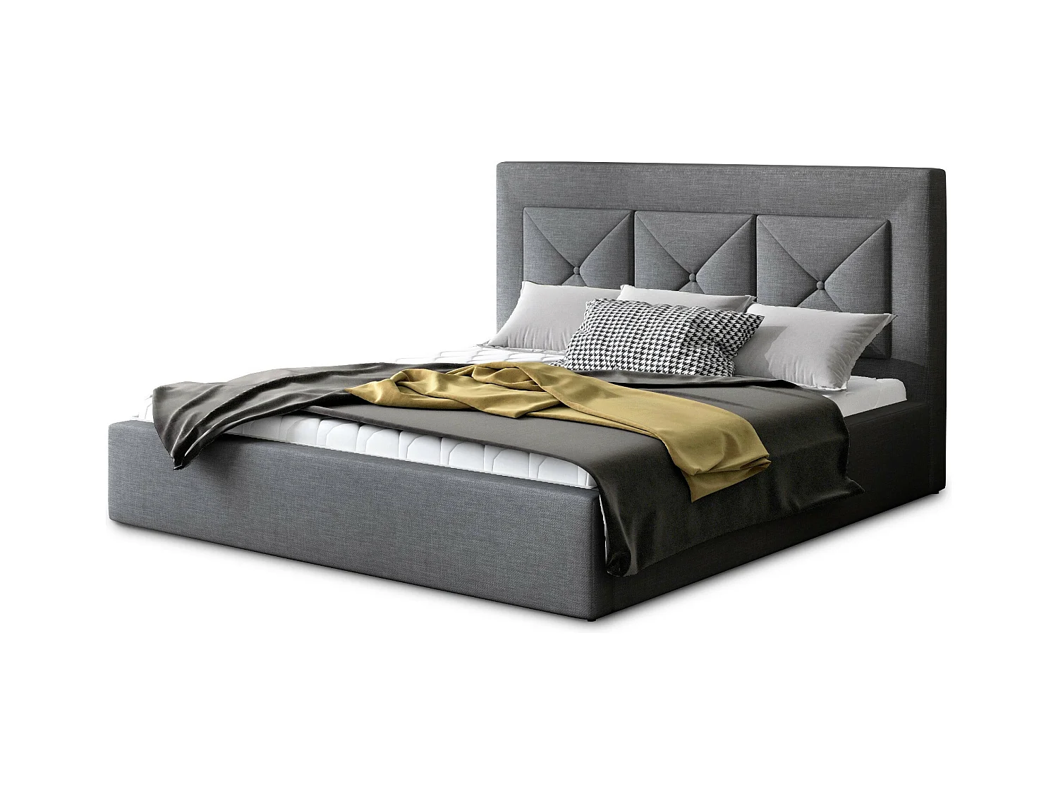 Lit double rembourré en tissu Clarin-Couleur Gris-160x200-Version avec sommier