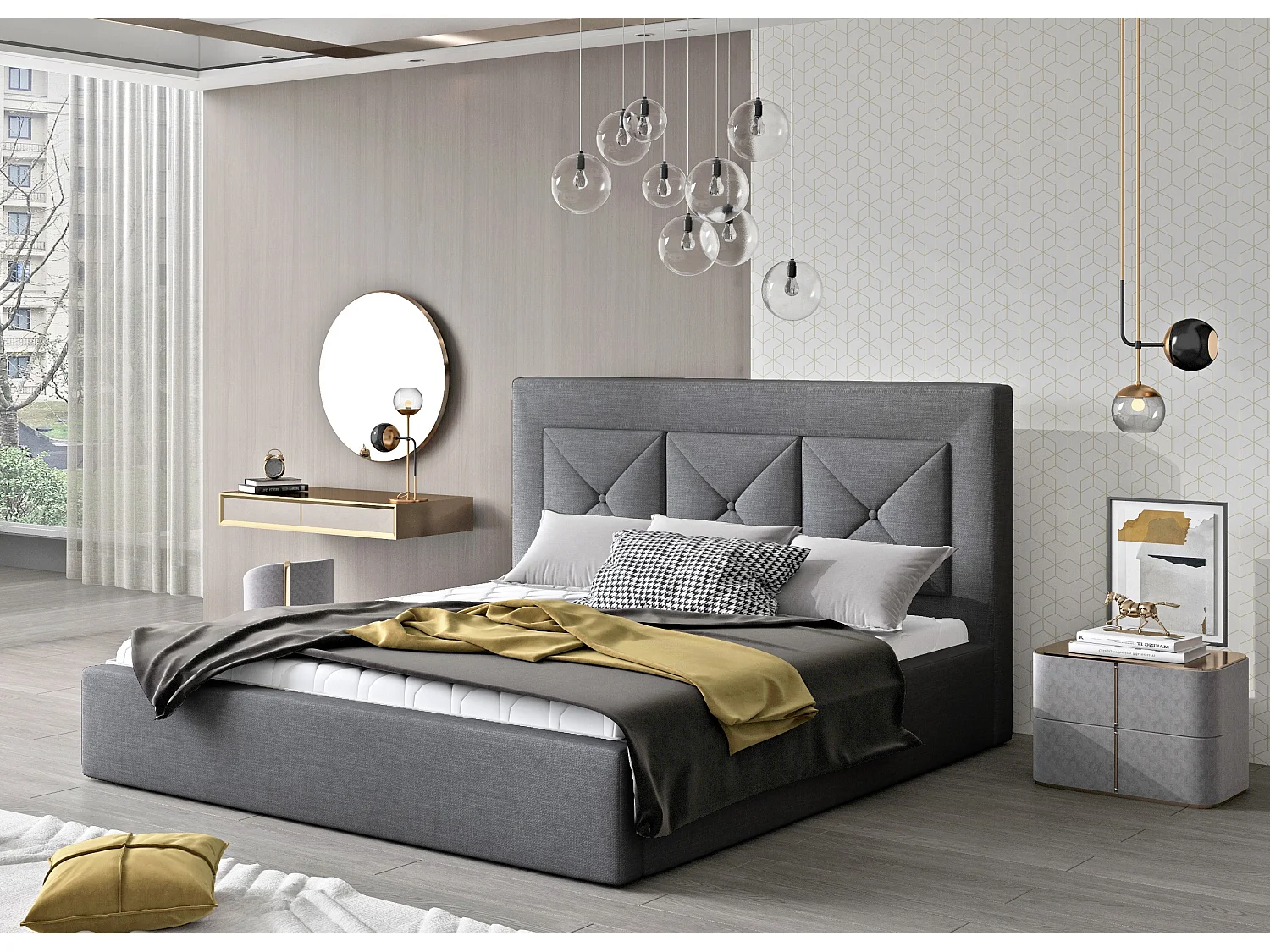 Lit double rembourré en tissu Clarin-Couleur Gris-160x200-Version avec sommier