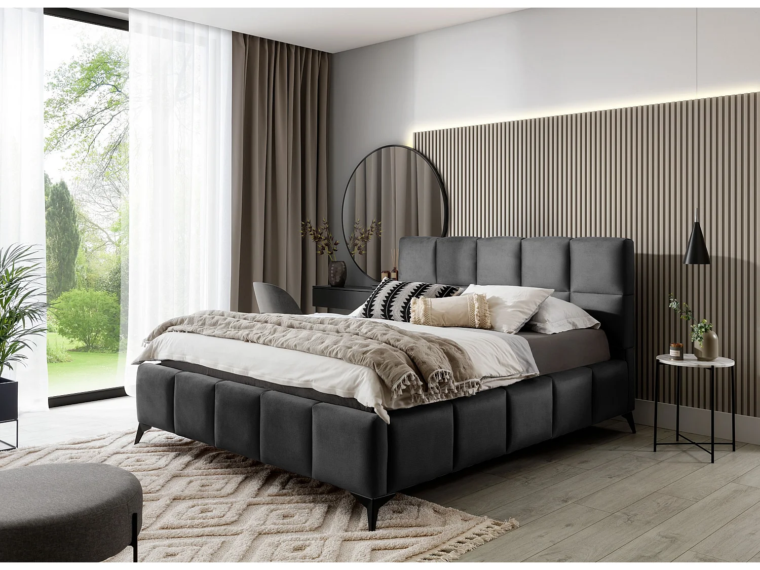Mister luxe gewatteerd fluwelen opbergbed-Kleur Antraciet.-Slapen 140x200cm