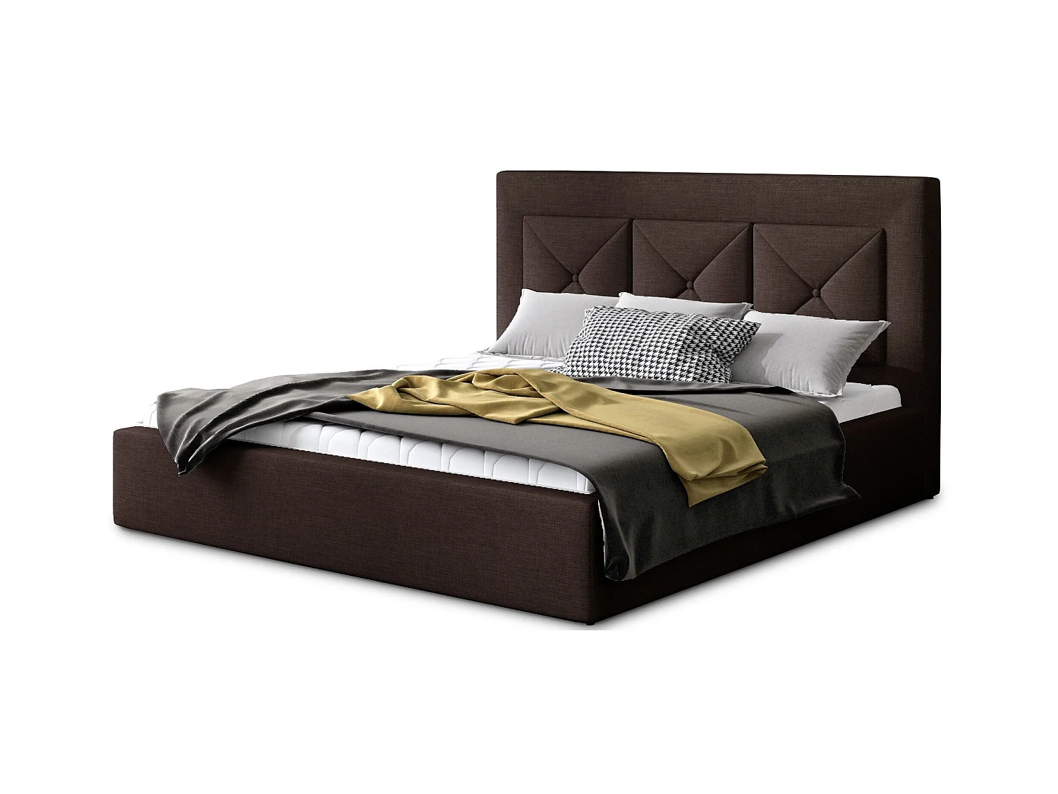 Lit double rembourré en tissu Clarin-Couleur Marron-160x200-Version coffre de rangement