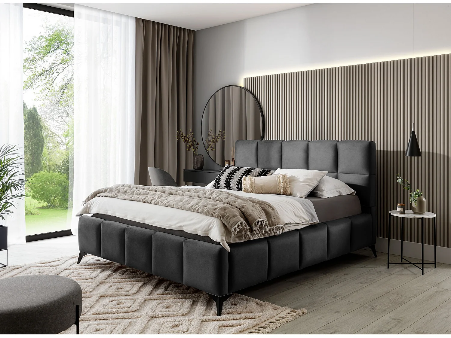 Mister luxe gewatteerd fluwelen opbergbed-Kleur Antraciet.-Slapen 160x200cm