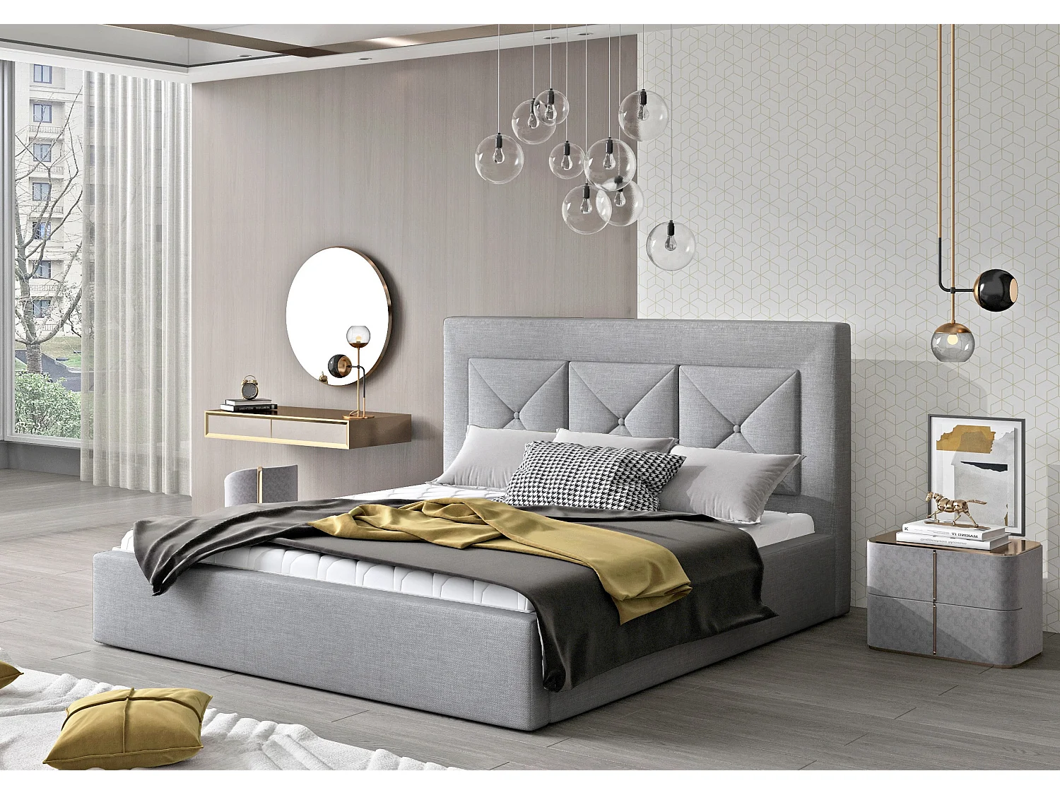 Lit double rembourré en tissu Clarin-Couleur Gris clair-140x200-Version avec sommier