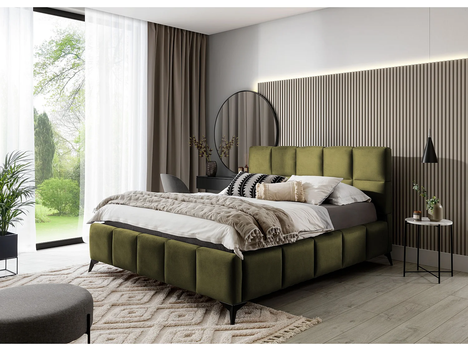 Lit coffre de luxe velours capitonné Mister-Couleur Vert olive-140x200