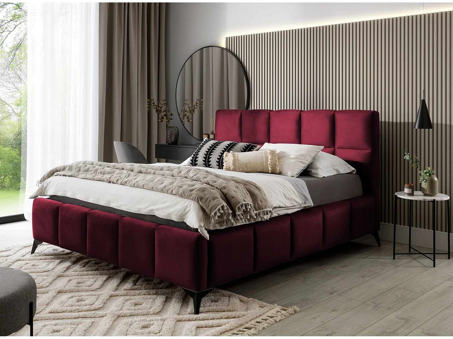 Mister luxe gewatteerd fluwelen opbergbed-Kleur Bordeaux-Slapen 180x200cm