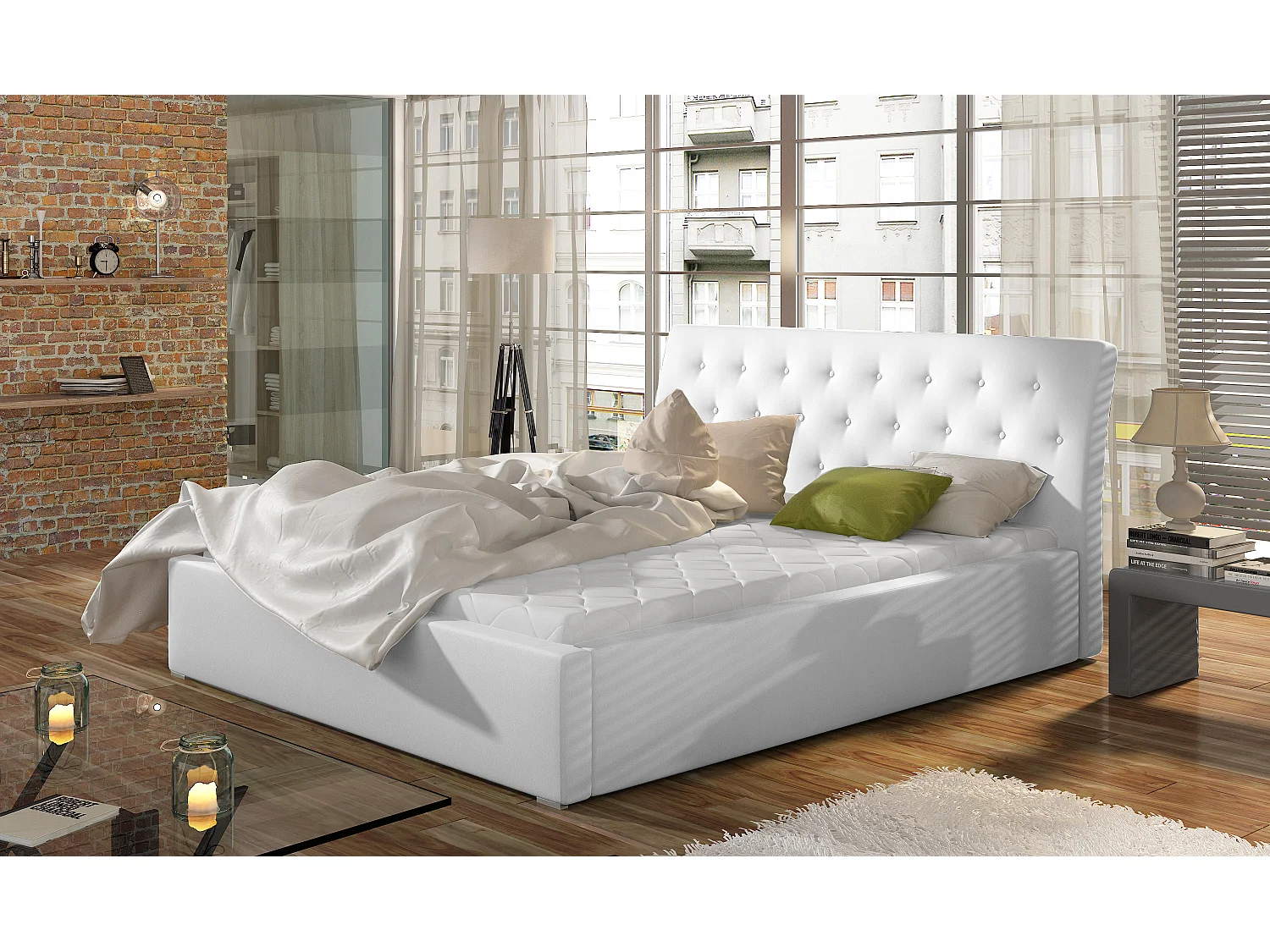 Lit simili cuir capitonné Venizia-Couleur Noir-140x200-Version avec sommier