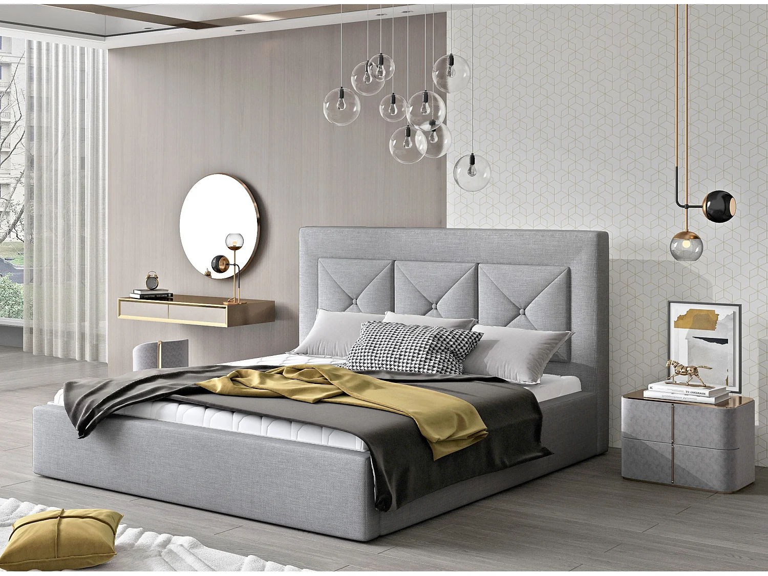 Lit double rembourré en tissu Clarin-Couleur Gris clair-160x200-Version coffre de rangement