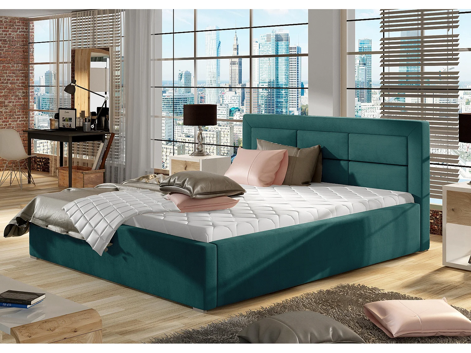 Lit moderne velours capitonné Rizaro-Couleur Bleu canard-160x200-Version avec sommier