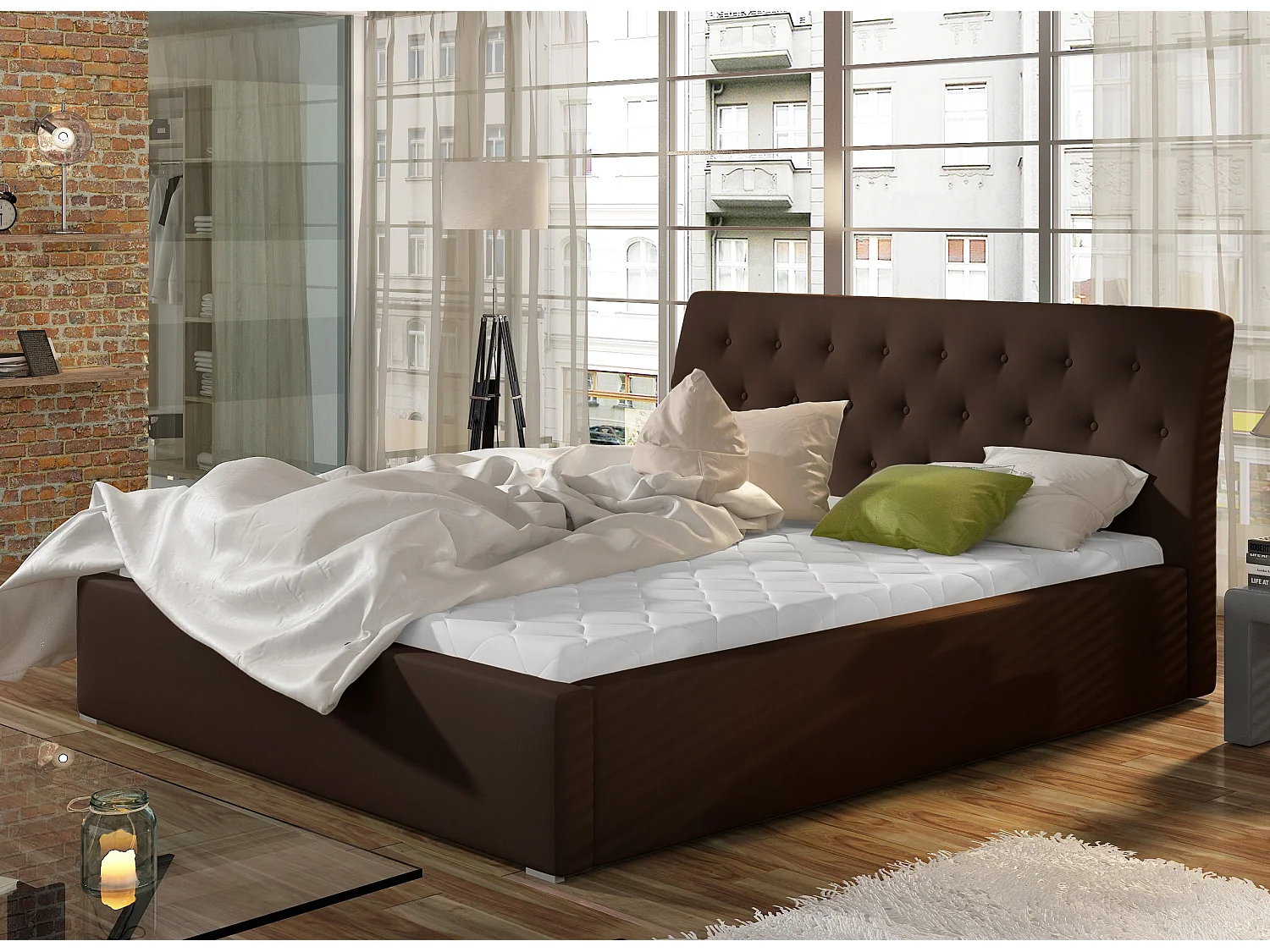 Venizia gewatteerd kunstleer bed-Kleur Bruin-Slapen 180x200cm-Versie opslagruimte