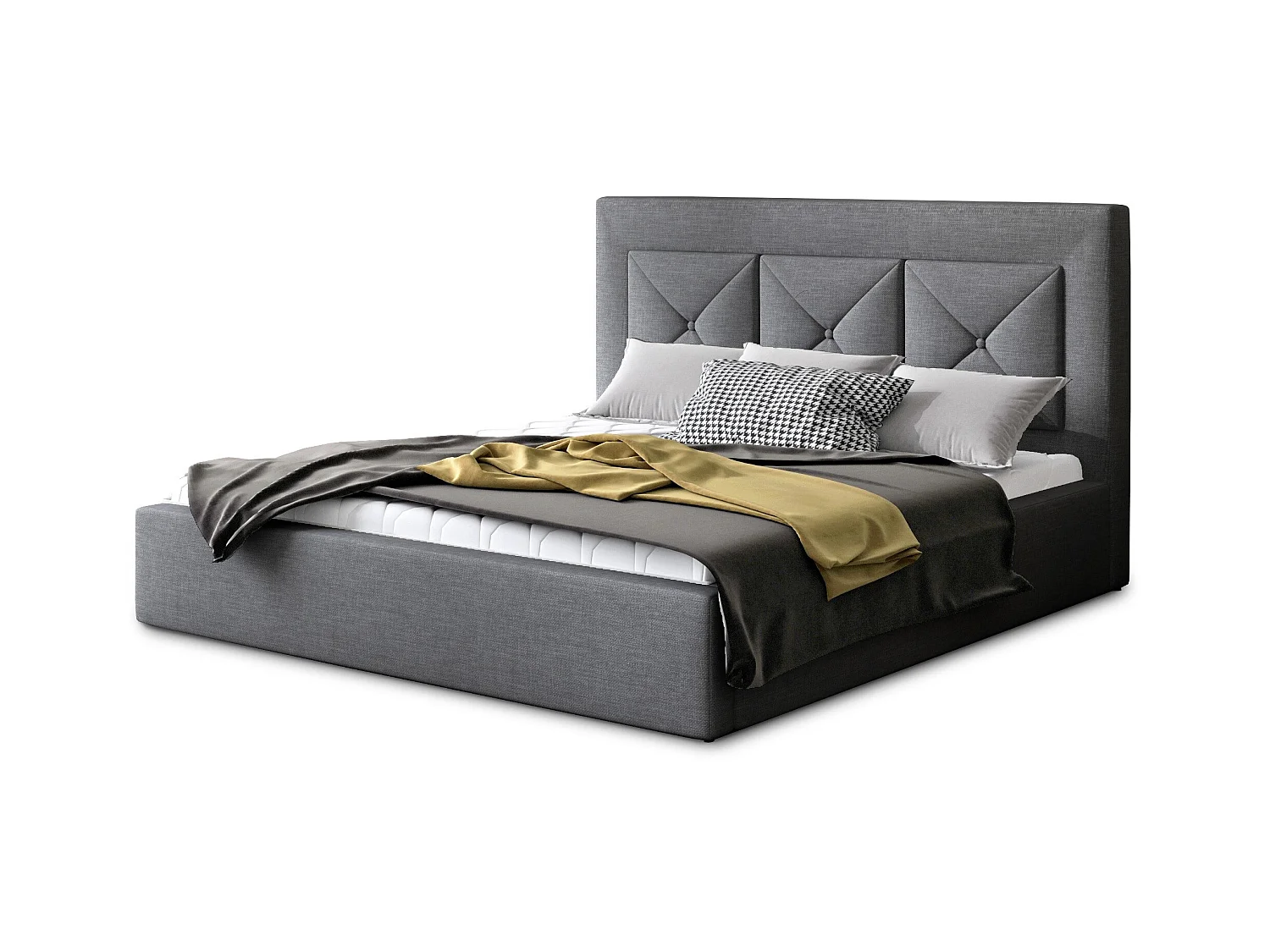 Lit double rembourré en tissu Clarin-Couleur Gris-180x200-Version coffre de rangement