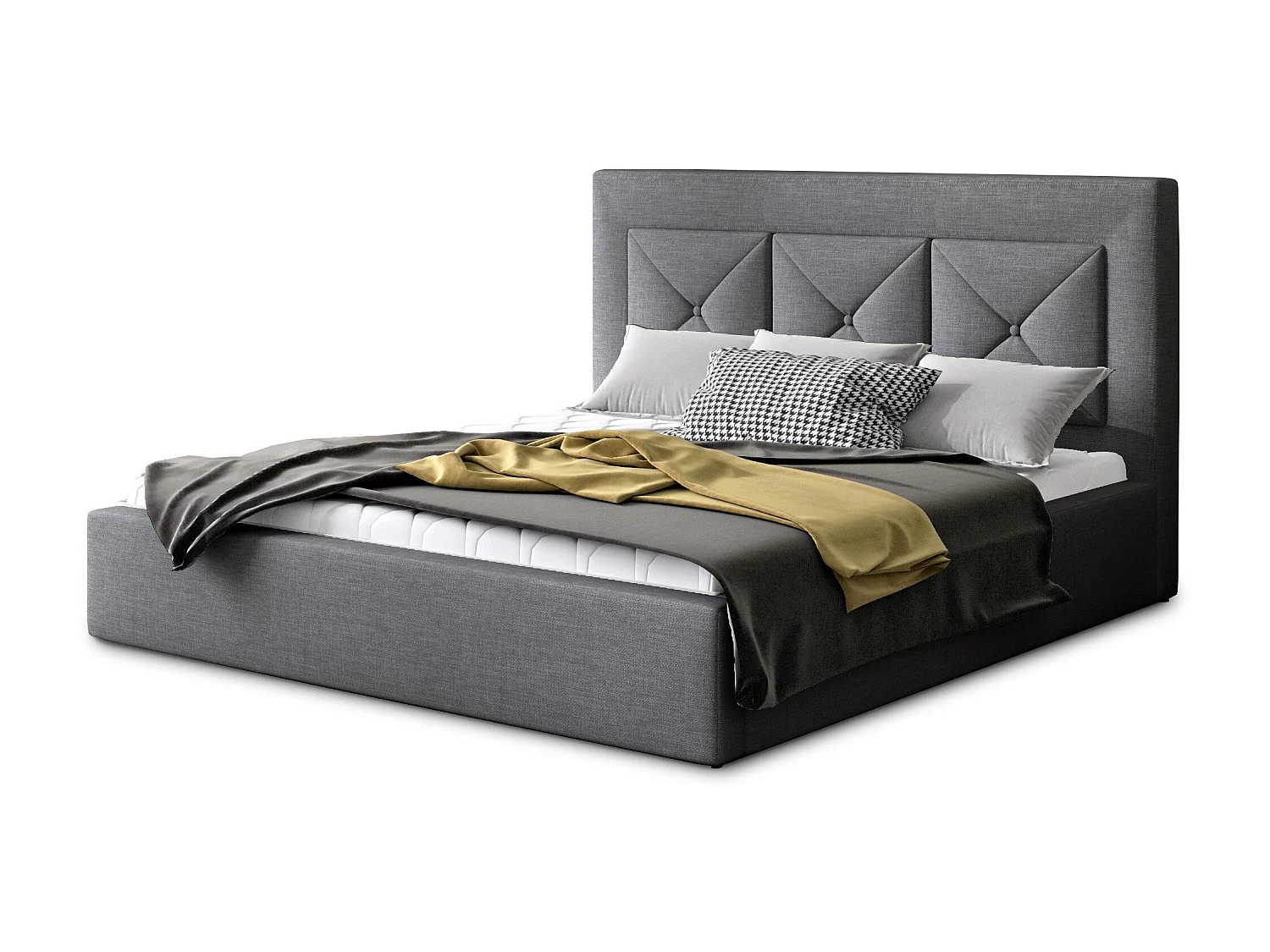 Lit double rembourré en tissu Clarin-Couleur Gris-180x200-Version coffre de rangement