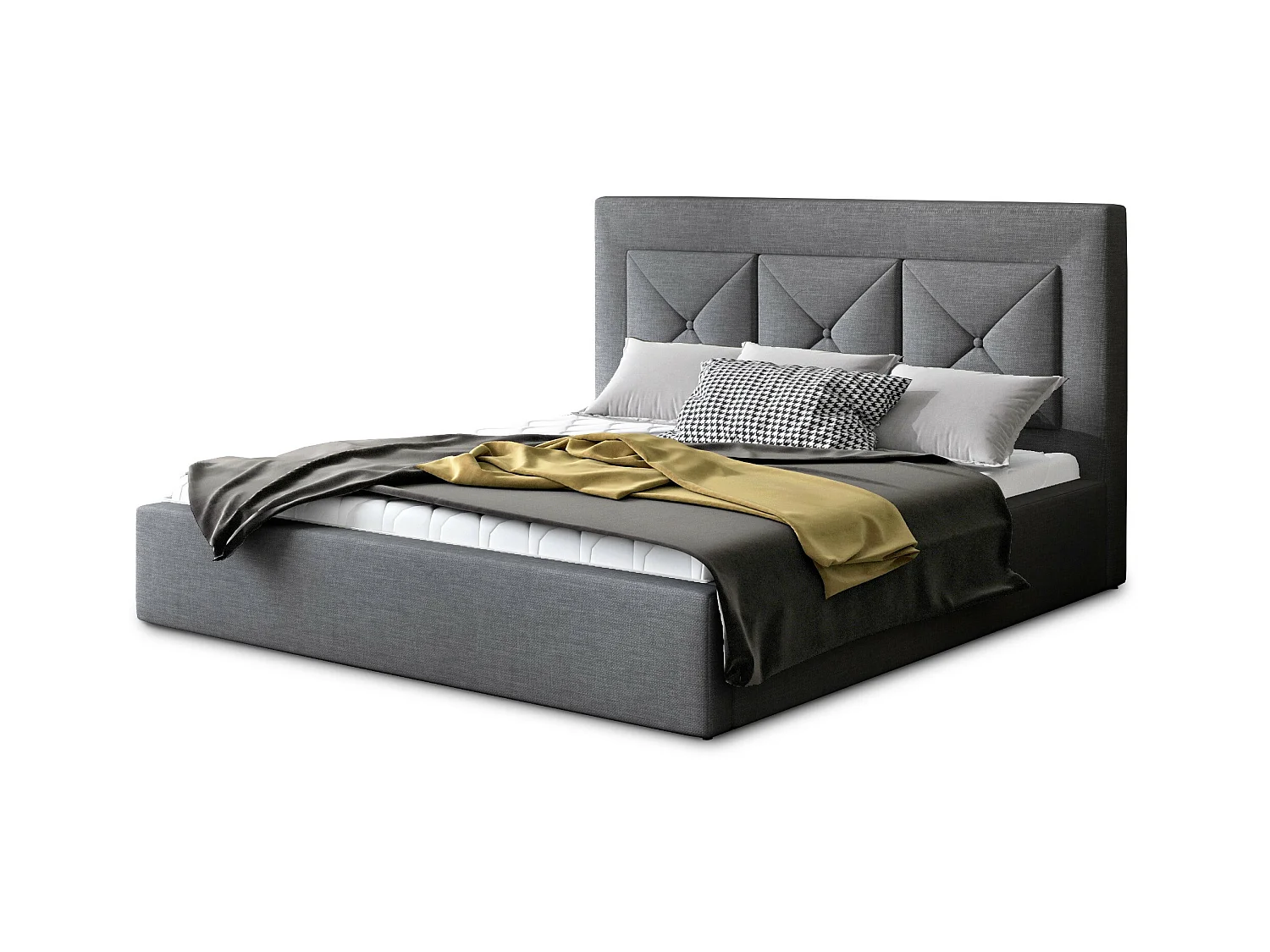 Lit double rembourré en tissu Clarin-Couleur Gris-160x200-Version coffre de rangement