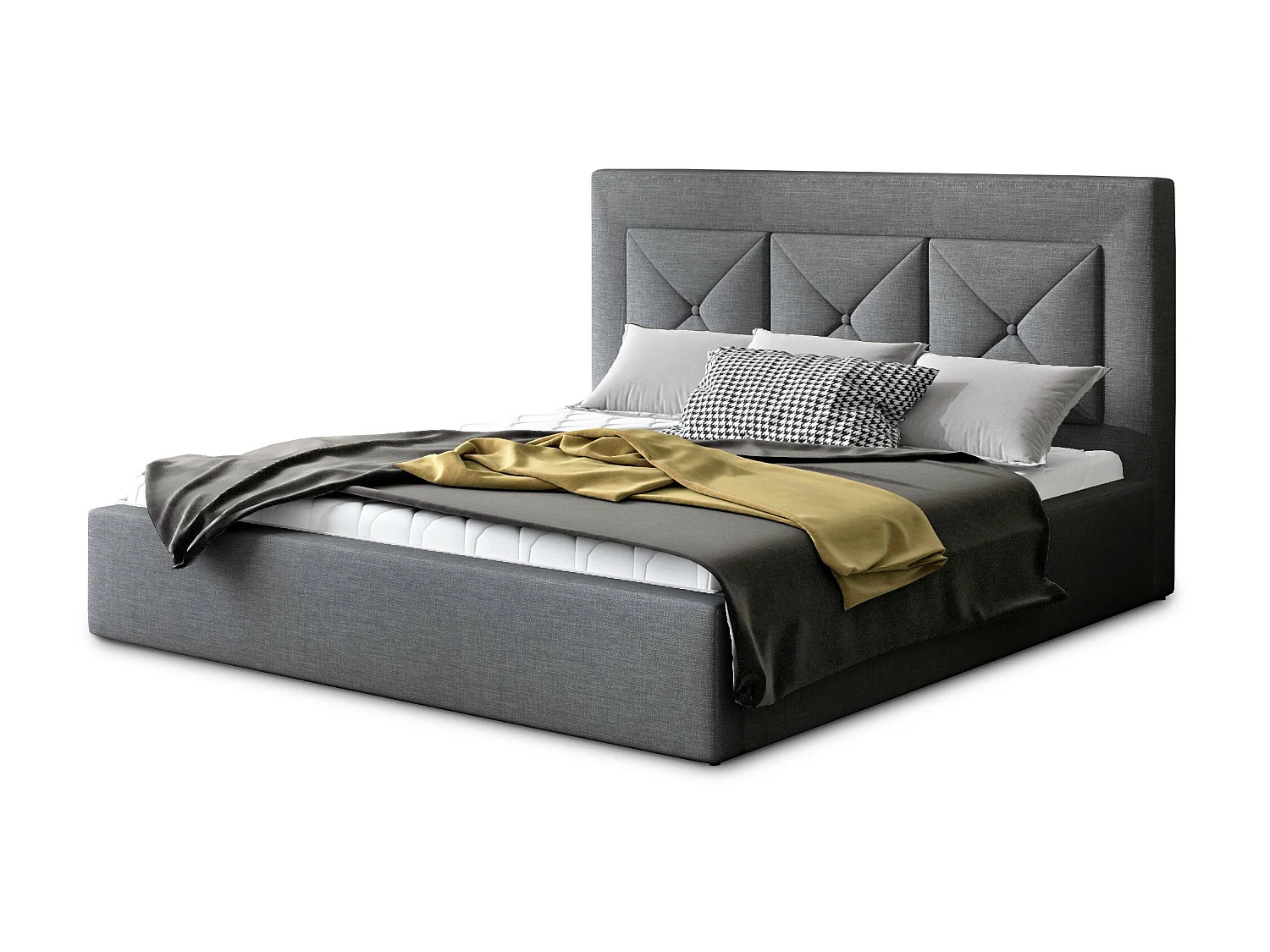 Lit double rembourré en tissu Clarin-Couleur Gris-160x200-Version coffre de rangement