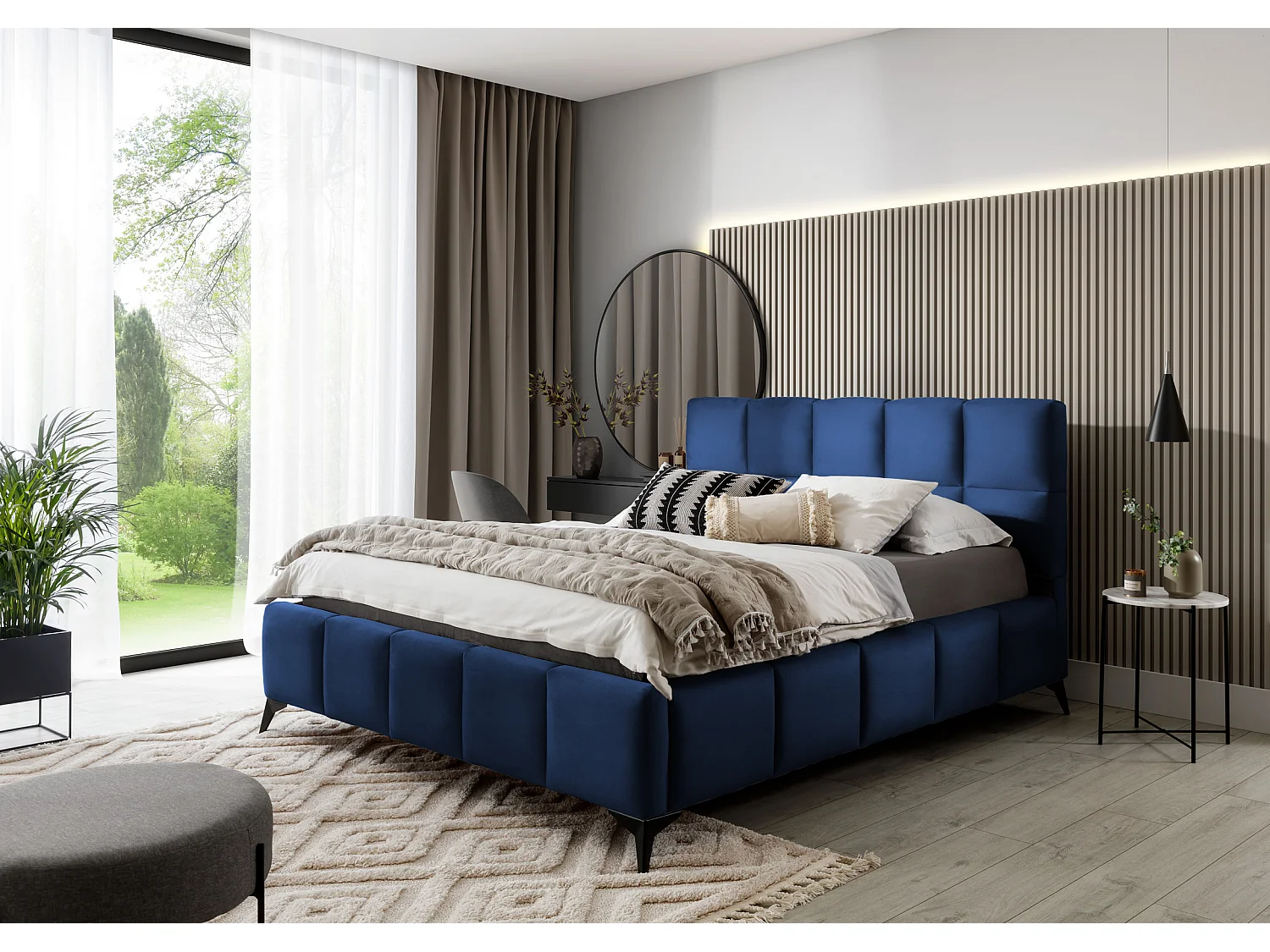 Lit coffre de luxe velours capitonné Mister-Couleur Bleu nuit-180x200