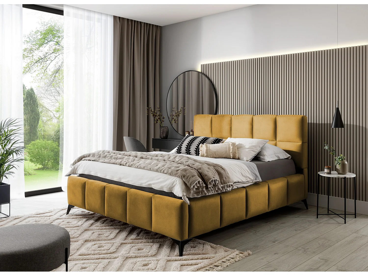 Lit coffre de luxe velours capitonné Mister-Couleur Jaune chamoix-180x200