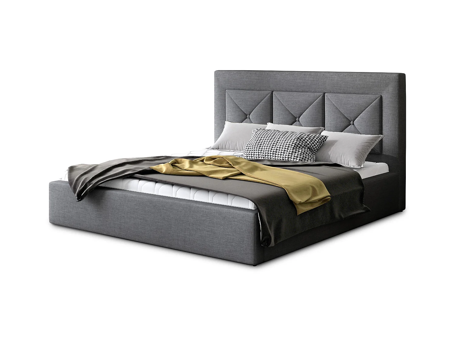 Lit double rembourré en tissu Clarin-Couleur Gris-140x200-Version coffre de rangement