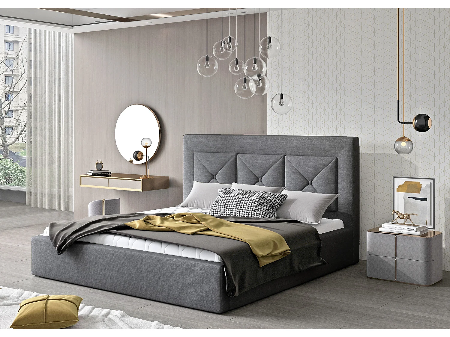 Lit double rembourré en tissu Clarin-Couleur Gris-140x200-Version coffre de rangement