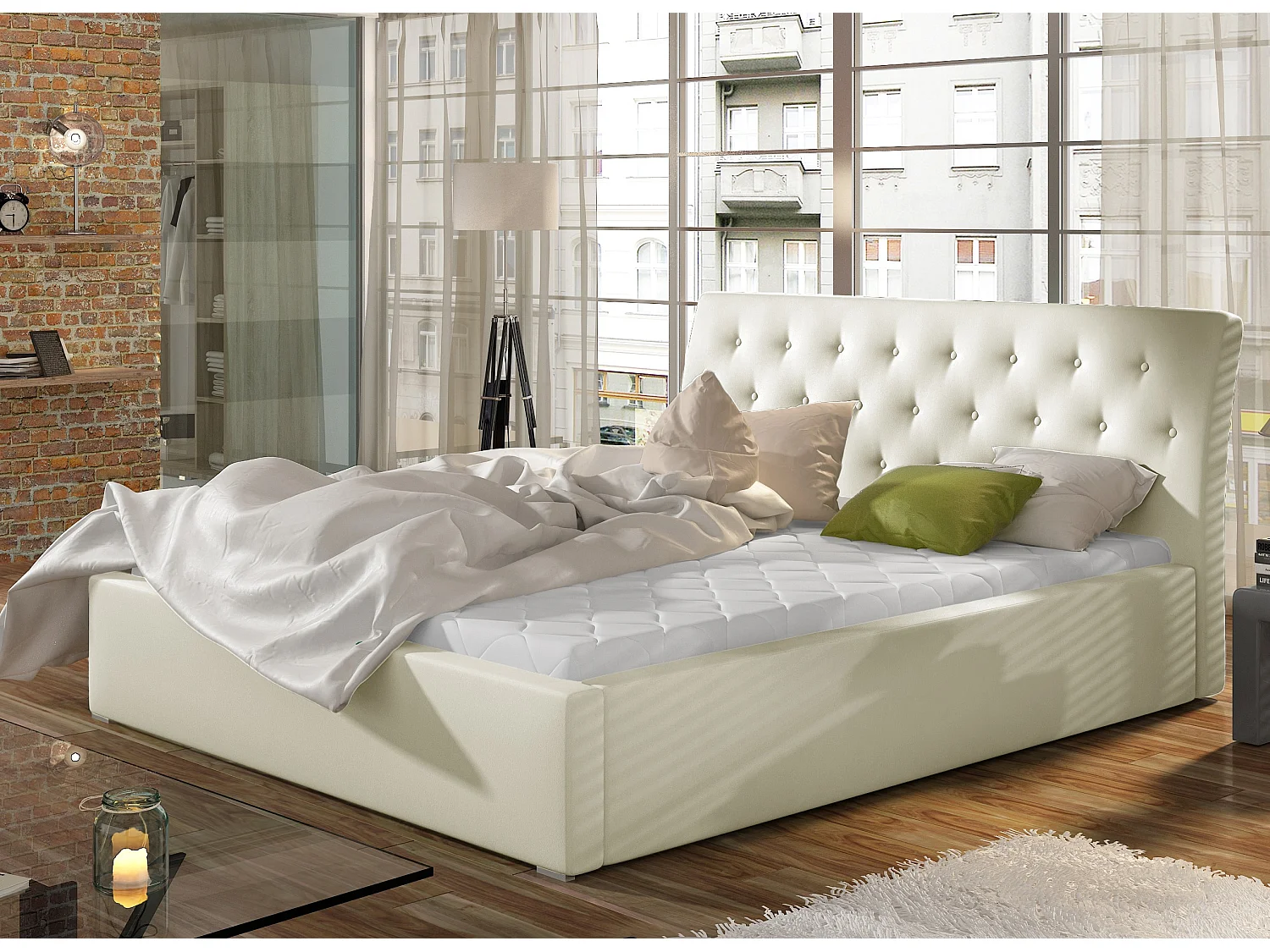 Lit simili cuir capitonné Venizia-Couleur Crème-140x200-Version coffre de rangement