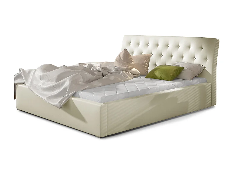 Lit simili cuir capitonné Venizia-Couleur Crème-140x200-Version coffre de rangement