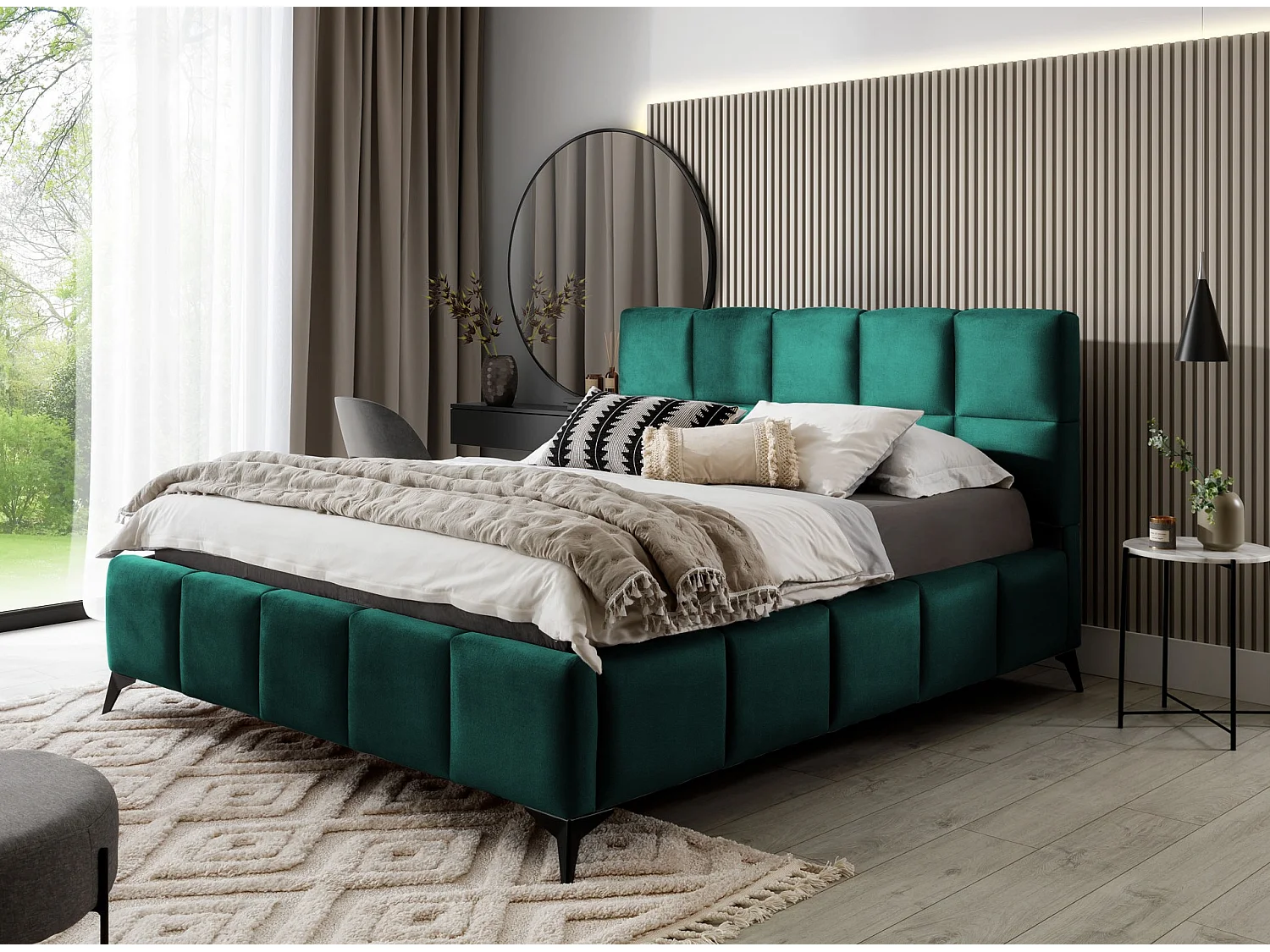 Mister luxe gewatteerd fluwelen opbergbed-Kleur Dennengroen-Slapen 140x200cm