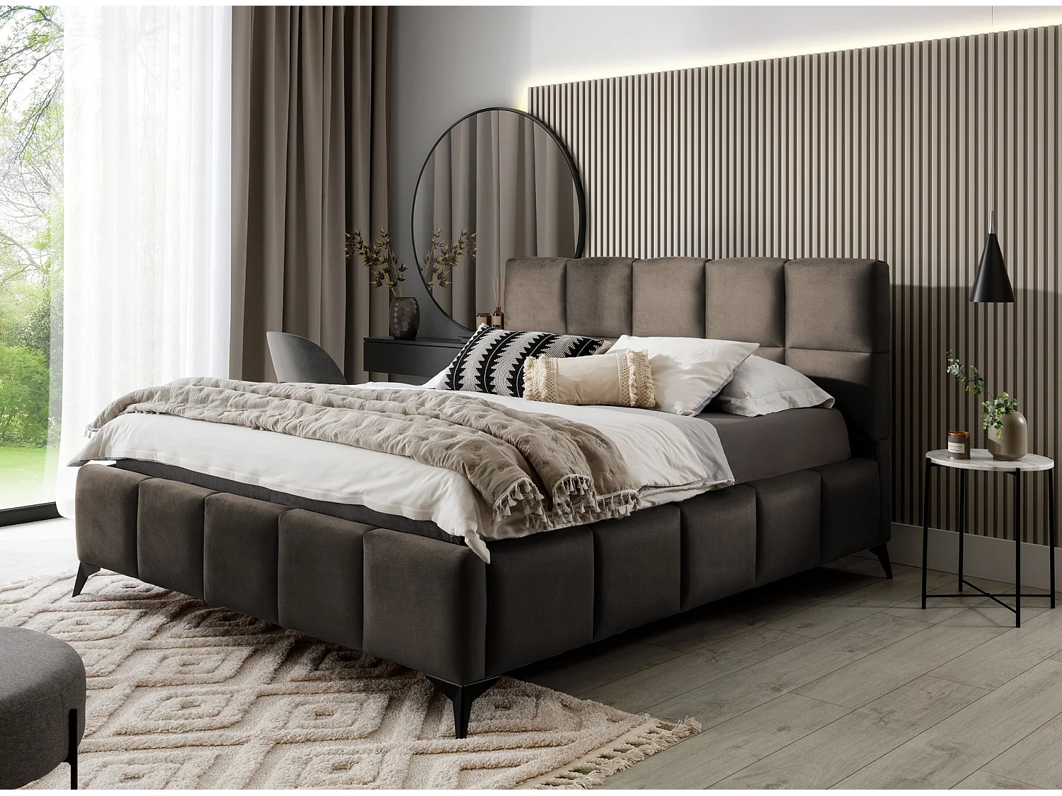 Lit coffre de luxe velours capitonné Mister-Couleur Marron Foncé-140x200