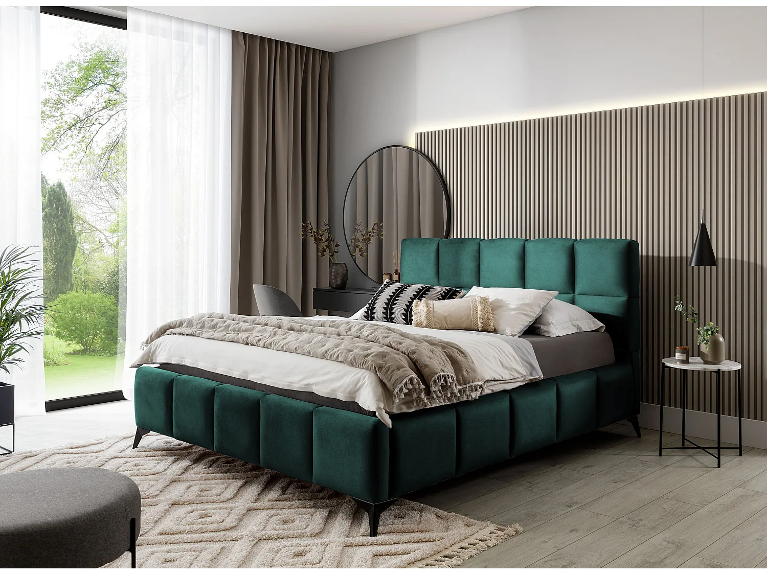 Mister luxe gewatteerd fluwelen opbergbed-Kleur Spinazie groen-Slapen 140x200cm