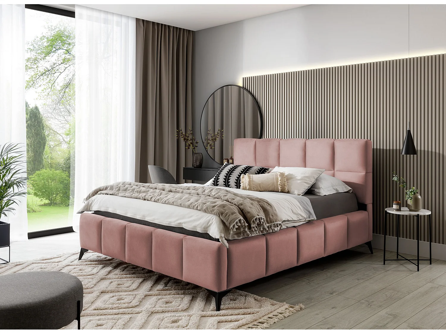 Lit coffre de luxe velours capitonné Mister-Couleur Rose poudré-180x200