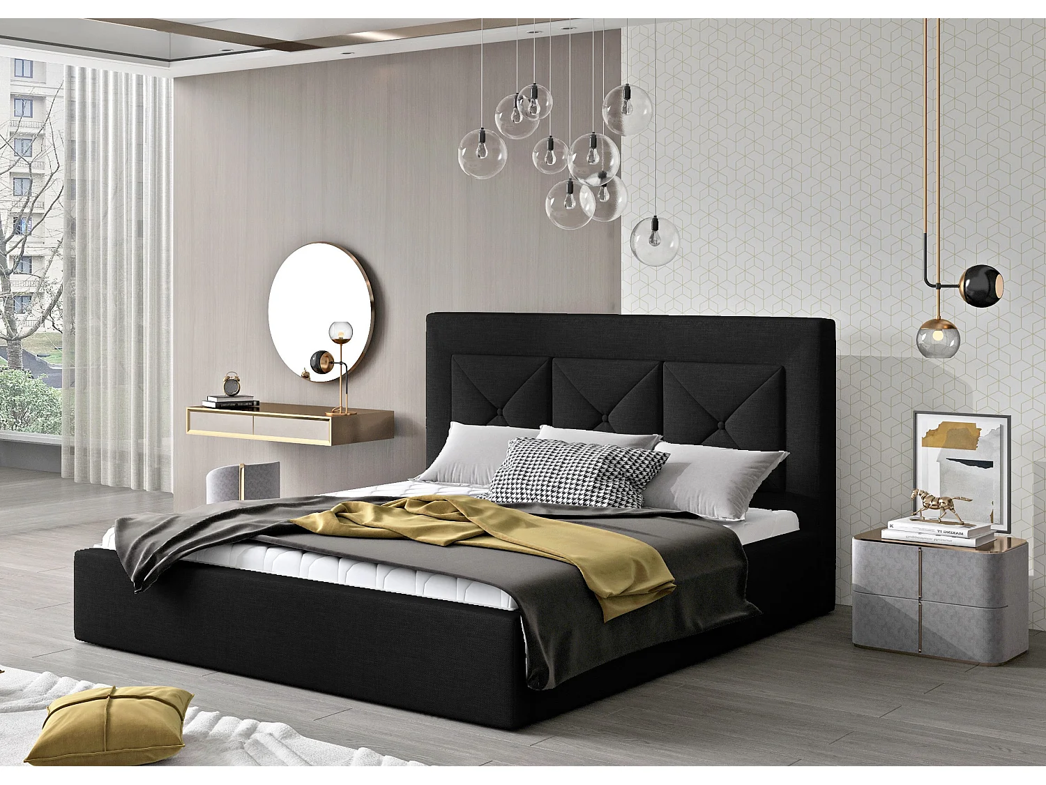 Lit double rembourré en tissu Clarin-Couleur Noir-160x200-Version avec sommier